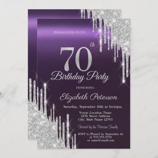Silver Glitter Drips Donker Paarse 70e Verjaardag Kaart (Voorkant / Achterkant)