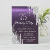 Silver Glitter Drips Donker Paarse 75e Verjaardag Kaart (Staand voorkant)