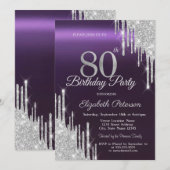 Silver Glitter Drips Donker Paarse 80e Verjaardag Kaart (Voorkant / Achterkant)