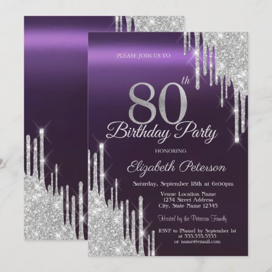 Silver Glitter Drips Donker Paarse 80e Verjaardag Kaart (Voorkant / Achterkant)