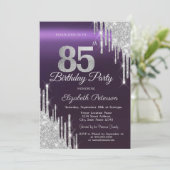 Silver Glitter Drips Donker Paarse 85e Verjaardag Kaart (Staand voorkant)