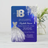Silver Glitter Drips, Dress Blue 18th Birthday Kaart (Staand voorkant)