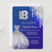 Silver Glitter Drips, Dress Blue 18th Birthday Kaart (Voorkant)