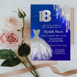 Silver Glitter Drips, Dress Blue 18th Birthday Kaart<br><div class="desc">Elegant zilverjurk en zilverglitter druppelen op een blauwe achtergrond.</div>