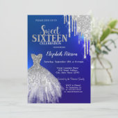 Silver Glitter Drips, Dress Blue Sweet 16 Kaart (Staand voorkant)