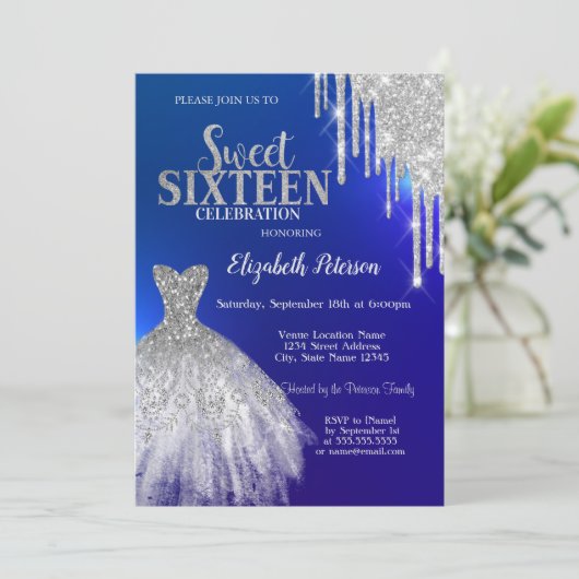Silver Glitter Drips, Dress Blue Sweet 16 Kaart (Staand voorkant)