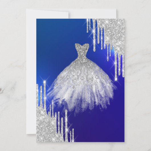 Silver Glitter Drips, Dress Blue Sweet 16 Kaart (Achterkant)