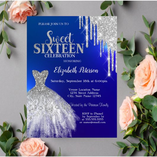 Silver Glitter Drips, Dress Blue Sweet 16 Kaart