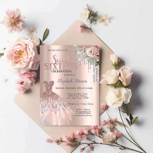 Silver Glitter Drips, Dress Flowers Sweet 16 Kaart