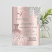 Silver Glitter Drips, Dress Roos Gold 80th Birthda Kaart (Staand voorkant)