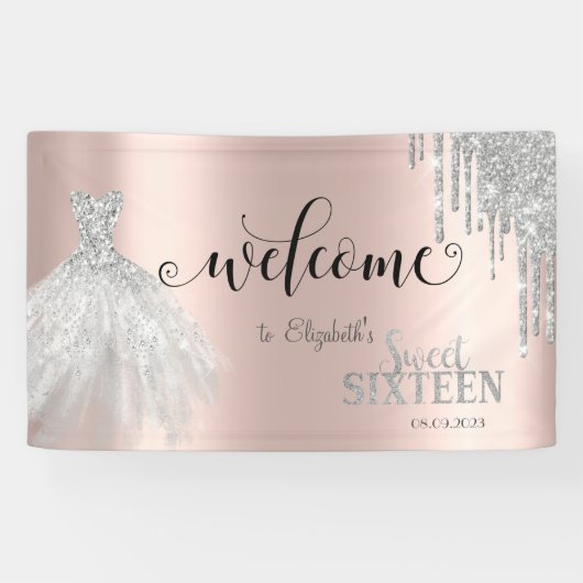 Silver Glitter Drips, Dress Roos Gold Sweet 16 Spandoek (Horizontaal)