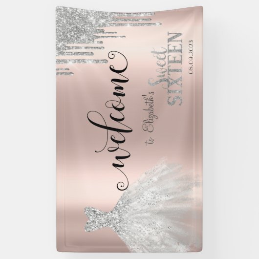 Silver Glitter Drips, Dress Roos Gold Sweet 16 Spandoek (Verticaal)