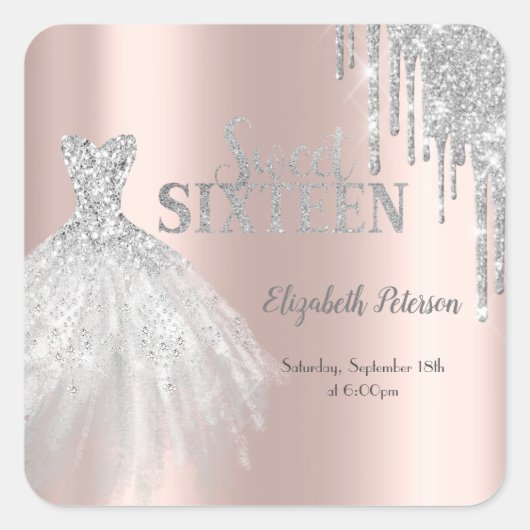 Silver Glitter Drips, Dress Roos Gold Sweet 16 Vierkante Sticker (Voorkant)