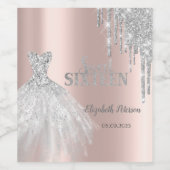 Silver Glitter Drips, Dress Roos Gold Sweet 16 Wijn Etiket (Enkel label)