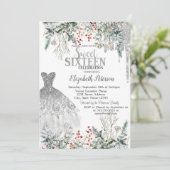 Silver Glitter Drips,Dress Winter Flowers Sweet 16 Kaart (Staand voorkant)