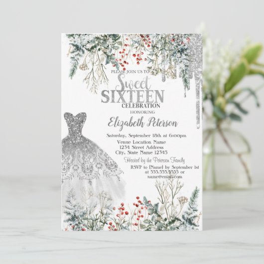 Silver Glitter Drips,Dress Winter Flowers Sweet 16 Kaart (Staand voorkant)