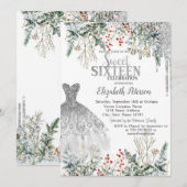 Silver Glitter Drips,Dress Winter Flowers Sweet 16 Kaart (Voorkant / Achterkant)