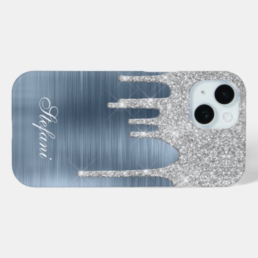 Silver Glitter Drips Dusty Blue Glam Girly Case-Mate iPhone Case (Achterkant (horizontaal))