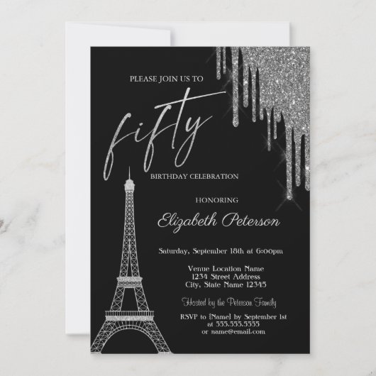 Silver Glitter Drips, Eiffel Tower 50t Birthday  Kaart (Voorkant)