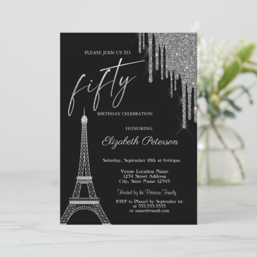 Silver Glitter Drips, Eiffel Tower 50t Birthday  Kaart (Staand voorkant)