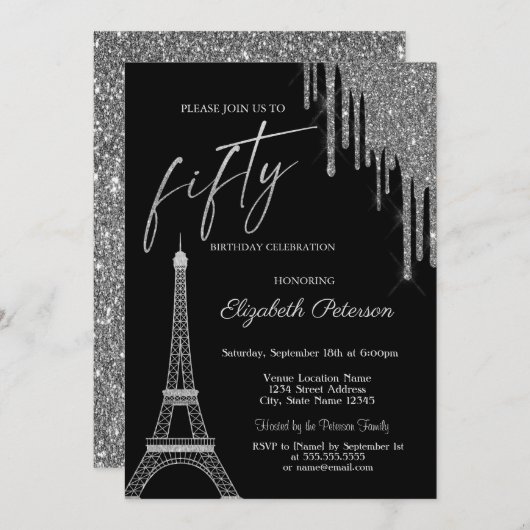Silver Glitter Drips, Eiffel Tower 50t Birthday  Kaart (Voorkant / Achterkant)