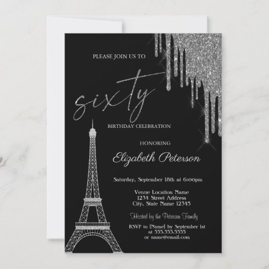 Silver Glitter Drips, Eiffel Tower 60t Birthday  Kaart (Voorkant)