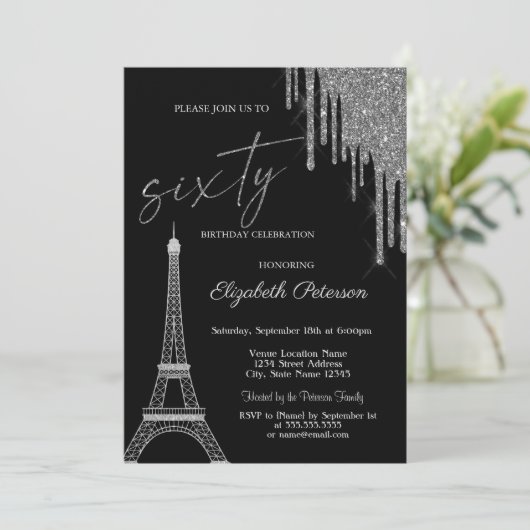 Silver Glitter Drips, Eiffel Tower 60t Birthday Kaart (Staand voorkant)