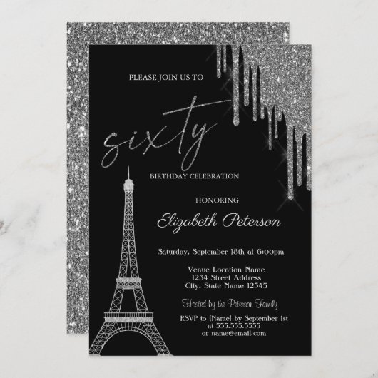 Silver Glitter Drips, Eiffel Tower 60t Birthday  Kaart (Voorkant / Achterkant)