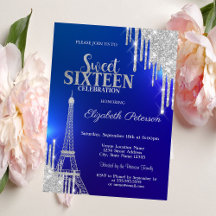 Silver Glitter Drips, Eiffel Tower Blue Sweet 16