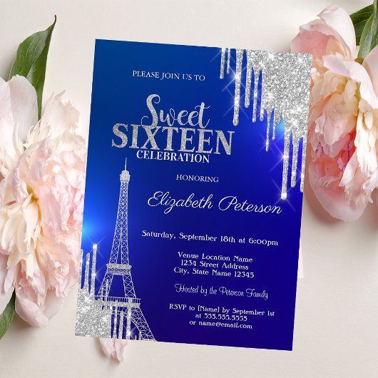 Silver Glitter Drips, Eiffel Tower Blue Sweet 16 Kaart