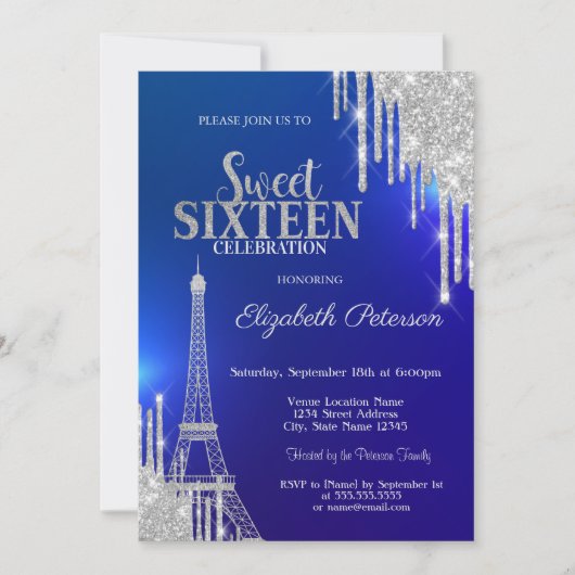 Silver Glitter Drips, Eiffel Tower Blue Sweet 16 Kaart (Voorkant)