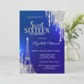 Silver Glitter Drips, Eiffel Tower Blue Sweet 16 Kaart (Staand voorkant)