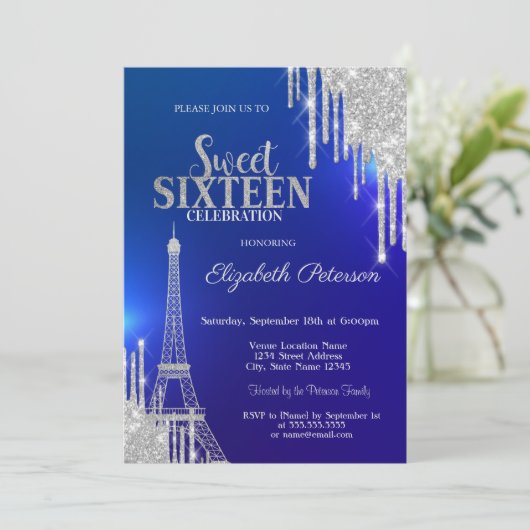 Silver Glitter Drips, Eiffel Tower Blue Sweet 16 Kaart (Staand voorkant)