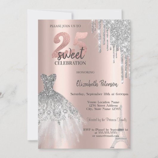 Silver Glitter Drips, Eiffel Tower Dress Sweet 25t Kaart (Voorkant)