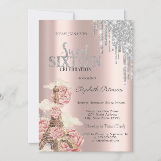 Silver Glitter Drips,Eiffel Tower Peonies Sweet 16 Kaart (Voorkant)