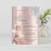 Silver Glitter Drips,Eiffel Tower Peonies Sweet 16 Kaart (Staand voorkant)