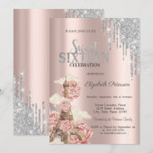 Silver Glitter Drips,Eiffel Tower Peonies Sweet 16 Kaart (Voorkant / Achterkant)