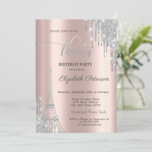 Silver Glitter Drips, Eiffeltoren 30e verjaardag Kaart (Staand voorkant)