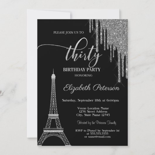 Silver Glitter Drips, Eiffeltoren, 30t verjaardag Kaart (Voorkant)