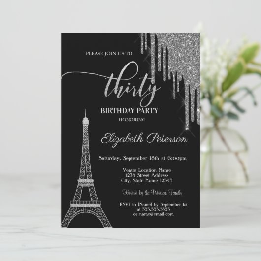 Silver Glitter Drips, Eiffeltoren, 30t verjaardag Kaart (Staand voorkant)