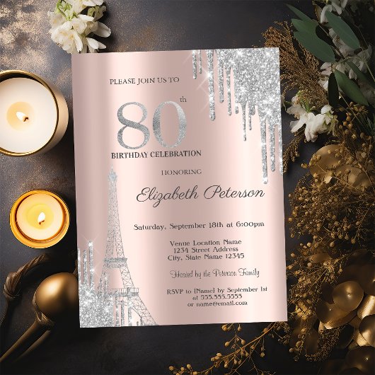 Silver Glitter Drips, Eiffeltoren 80e verjaardag Kaart