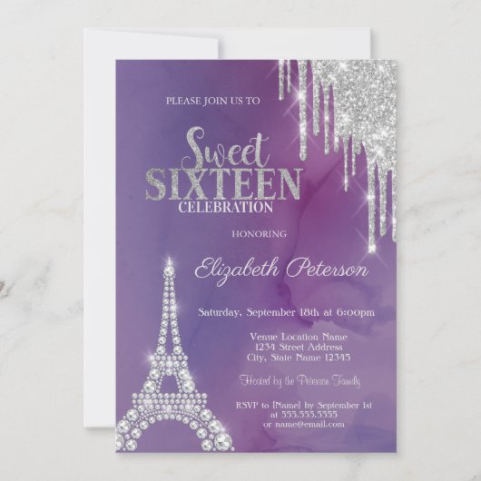 Silver Glitter Drips Eiffeltoren Violet Sweet 16 Kaart (Voorkant)
