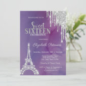 Silver Glitter Drips Eiffeltoren Violet Sweet 16 Kaart (Staand voorkant)