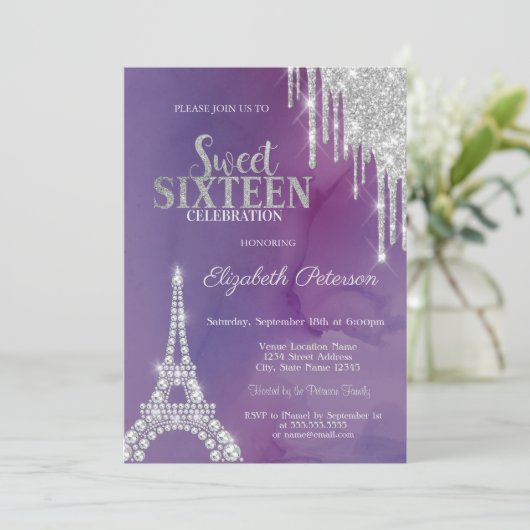 Silver Glitter Drips Eiffeltoren Violet Sweet 16 Kaart (Staand voorkant)