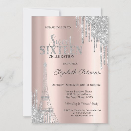 Silver Glitter Drips, Eiffeltower Sweet 16 Kaart (Voorkant)