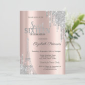 Silver Glitter Drips, Eiffeltower Sweet 16 Kaart (Staand voorkant)