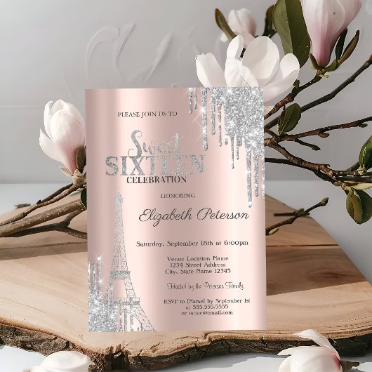 Silver Glitter Drips, Eiffeltower Sweet 16 Kaart