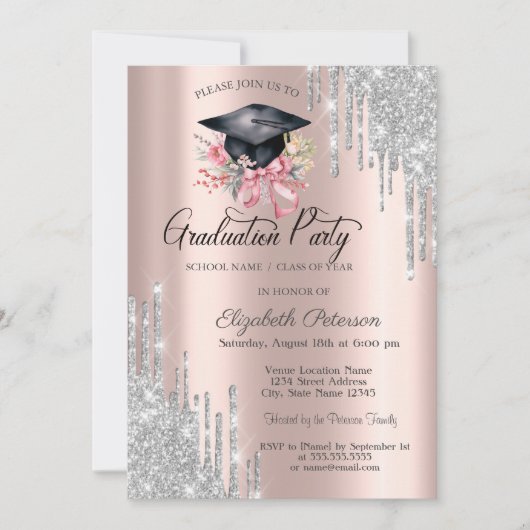 Silver Glitter Drips Floral Grad Cap Rose Gold Kaart (Voorkant)