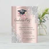 Silver Glitter Drips Floral Grad Cap Rose Gold Kaart (Staand voorkant)
