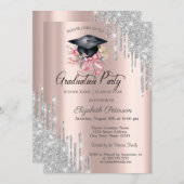 Silver Glitter Drips Floral Grad Cap Rose Gold Kaart (Voorkant / Achterkant)